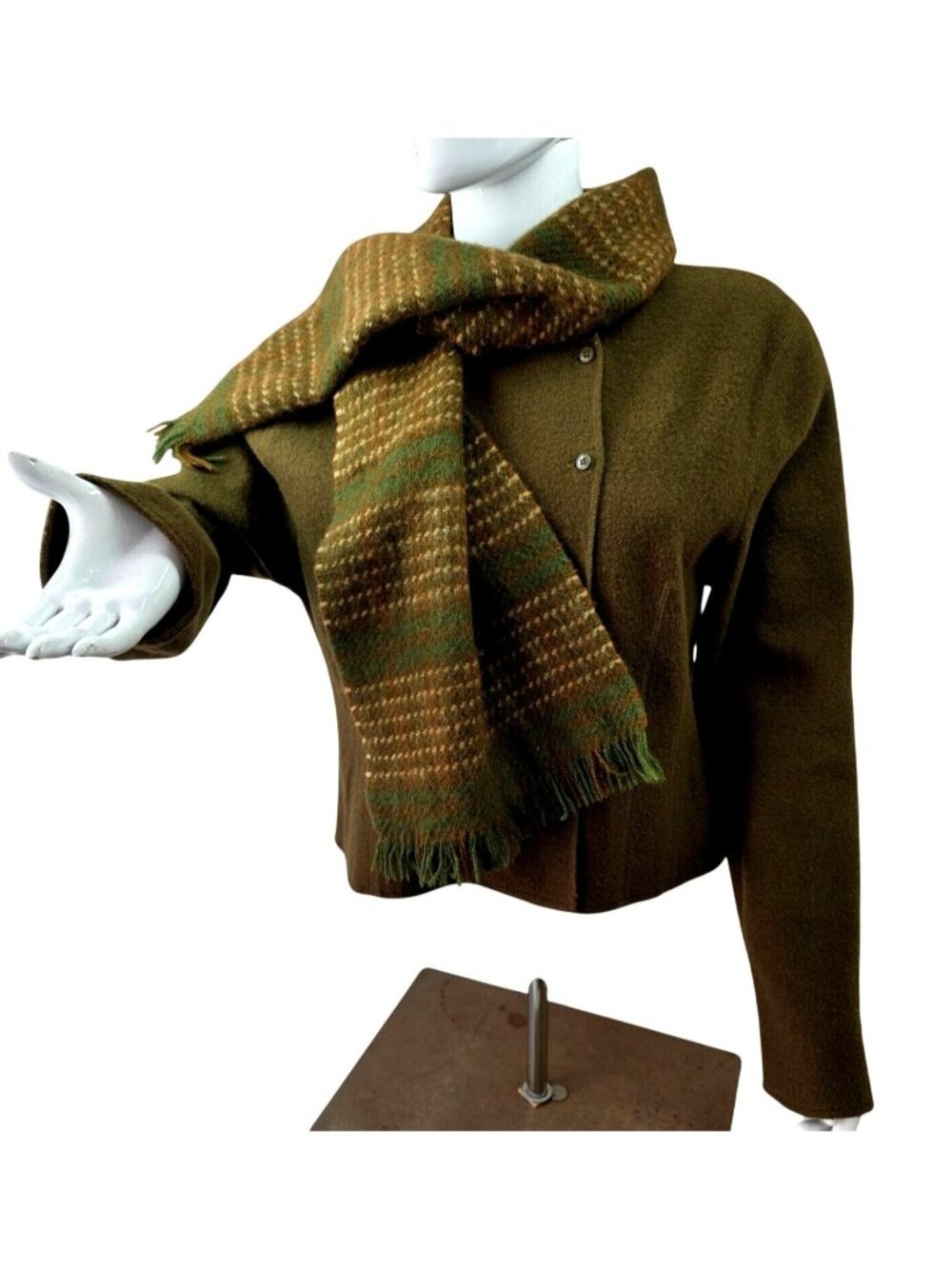 Y2K Jones NY Wool Double Breasted Sweater Jacket Women M Olive Green Plaid Scarf